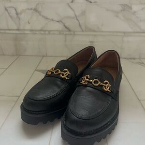 Black Leather Loafers with Gold Detailing